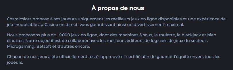 Présentation de CosmicSlotz Casino avec plus de 9 000 jeux en ligne