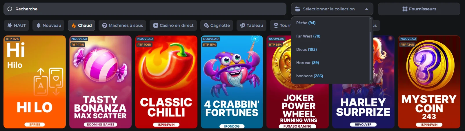 Bibliothèque de machines à sous CosmicSlotz Casino avec filtres de jeux