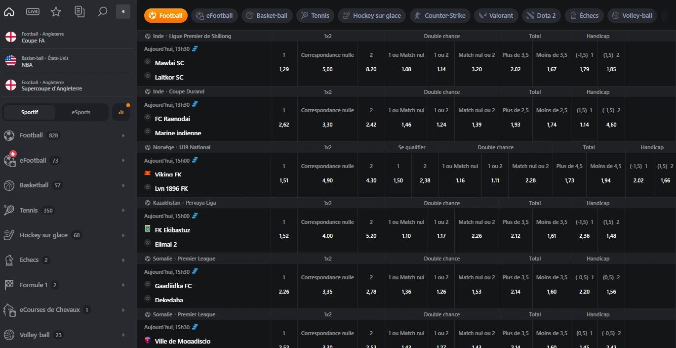 Interface des paris sportifs sur CosmicSlotz Casino avec matchs et cotes